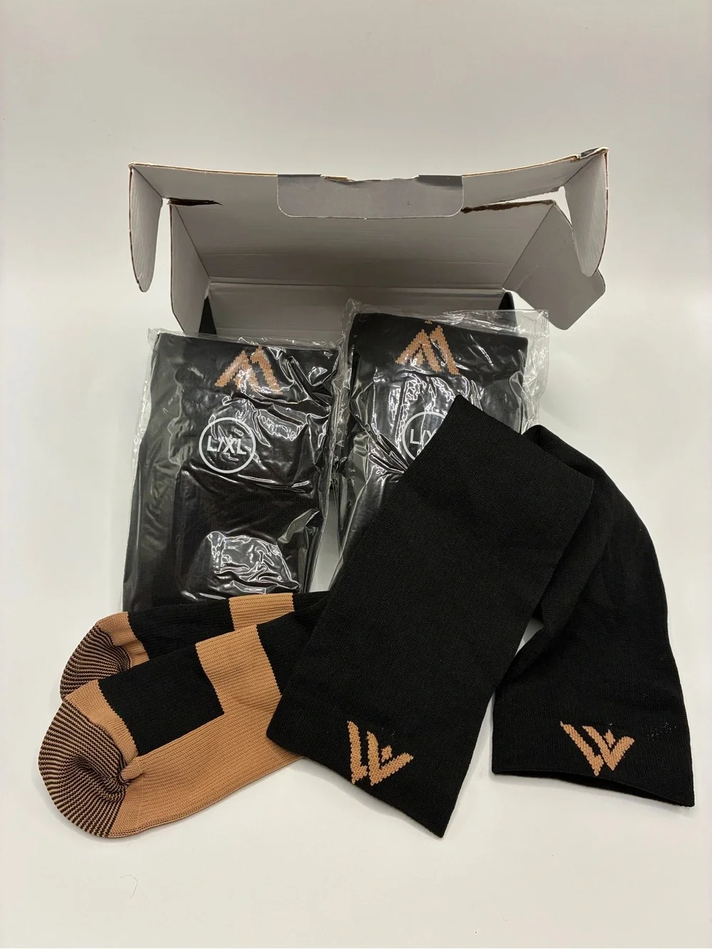 Athletic Compression Crew Socks 3 qty Multi-Pack Set, Black & Tan, L/XL